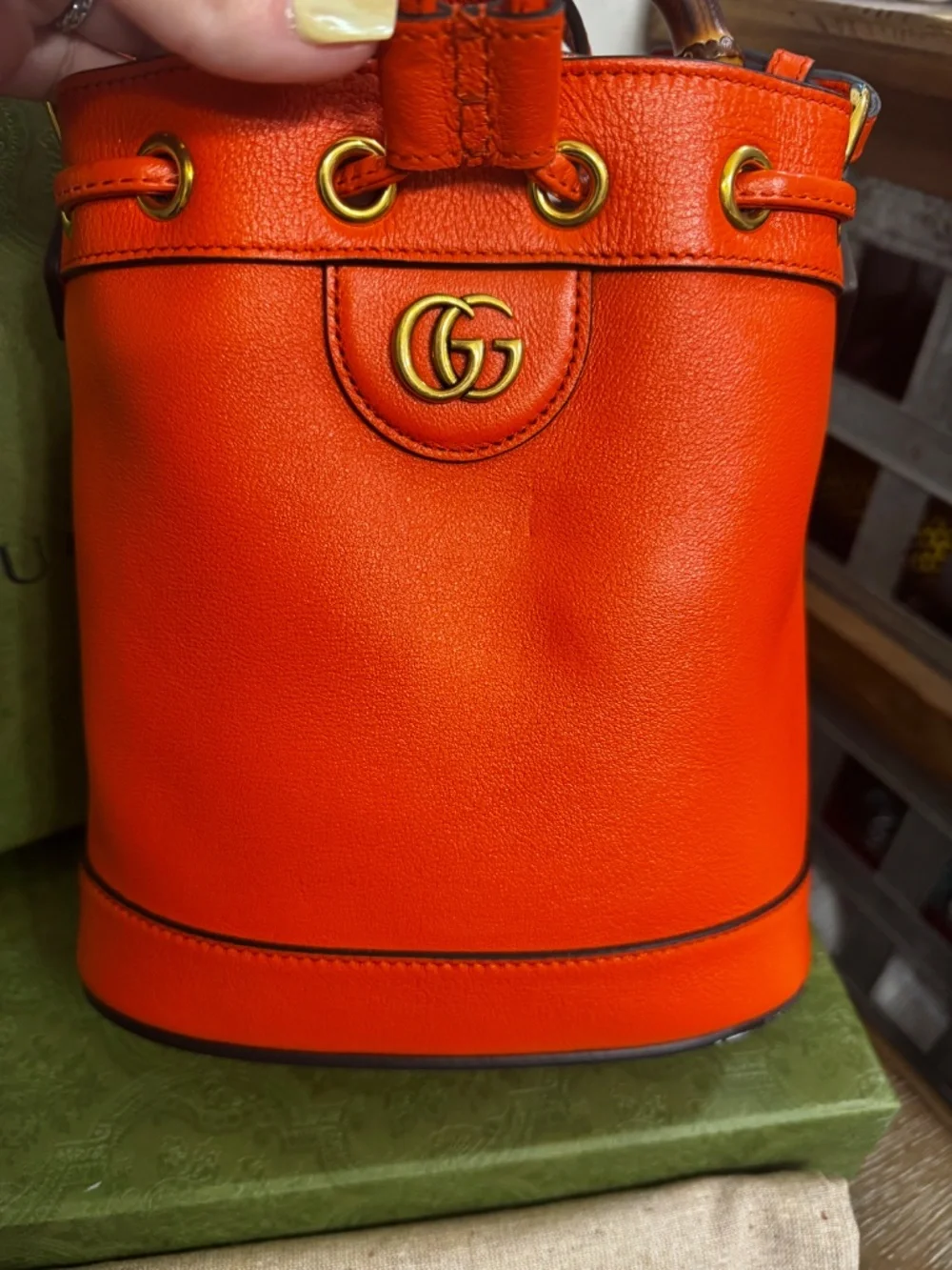 Gucci Diana Small Tote Bag - Orange Bucket Bag with Bamboo Handle - Picture 4 of 5